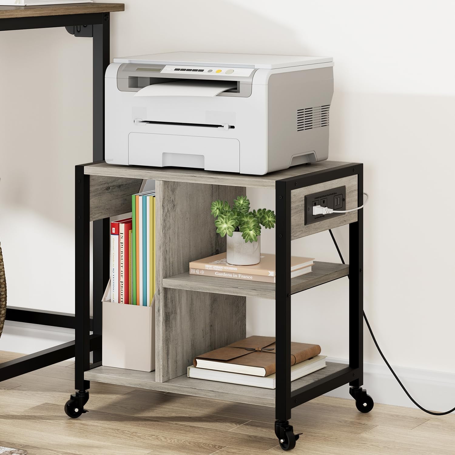 COSTWAY Printertafel met wieltjes, mobiele rolcontainer met 2 open planken, printerstandaard, kantoorwagen wit, documentenwagen voor thuis en op kantoor, 33 x 30 x 58 cm