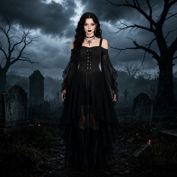 FASHOFT Witch Dress for Women Halloween Vampire Butterfly Sleeve Mesh Gothic Outfits Renaissance Dress
