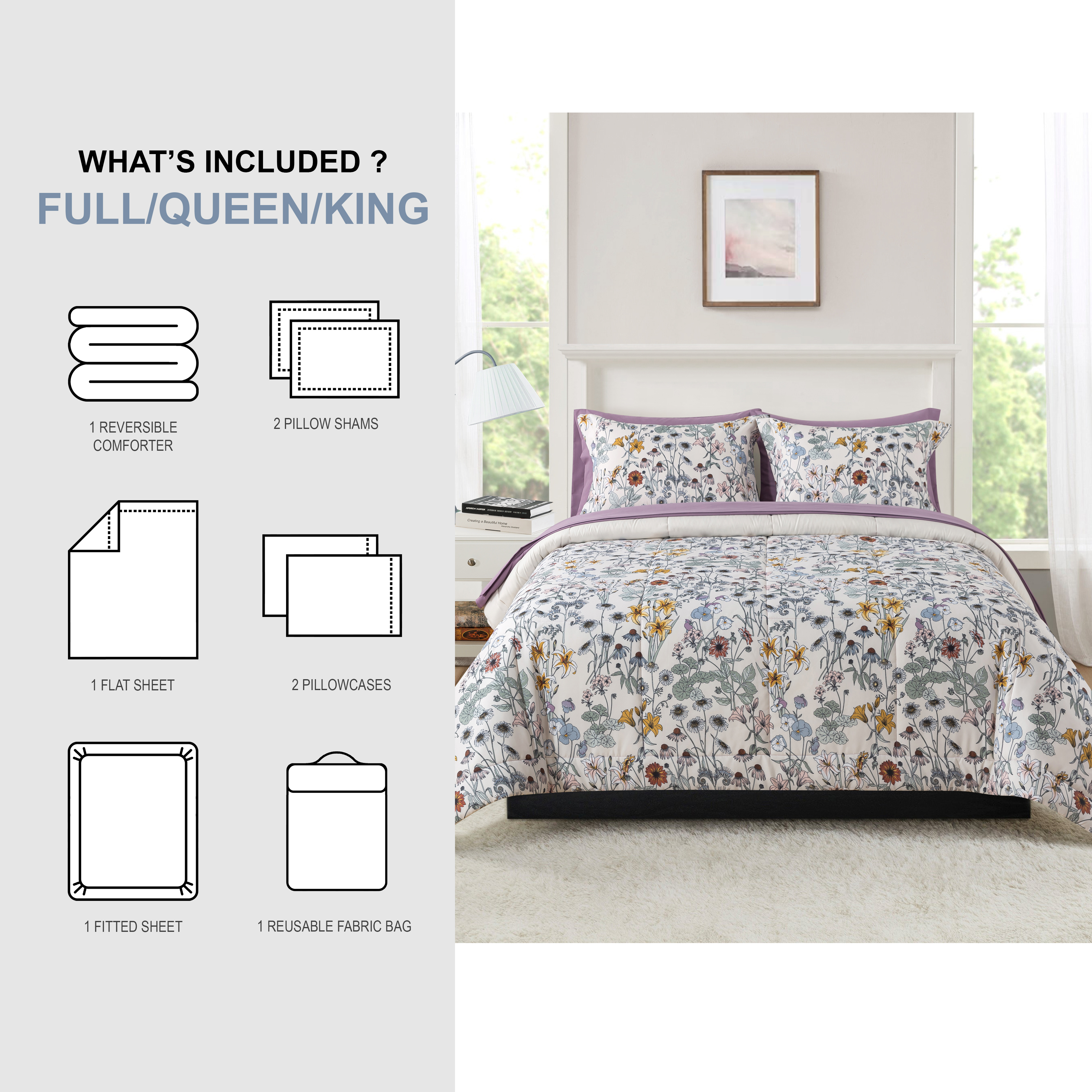 Mainstays All in One Reversible Comforter and Sheet set- 7 Piece, Full, White Multi Floral