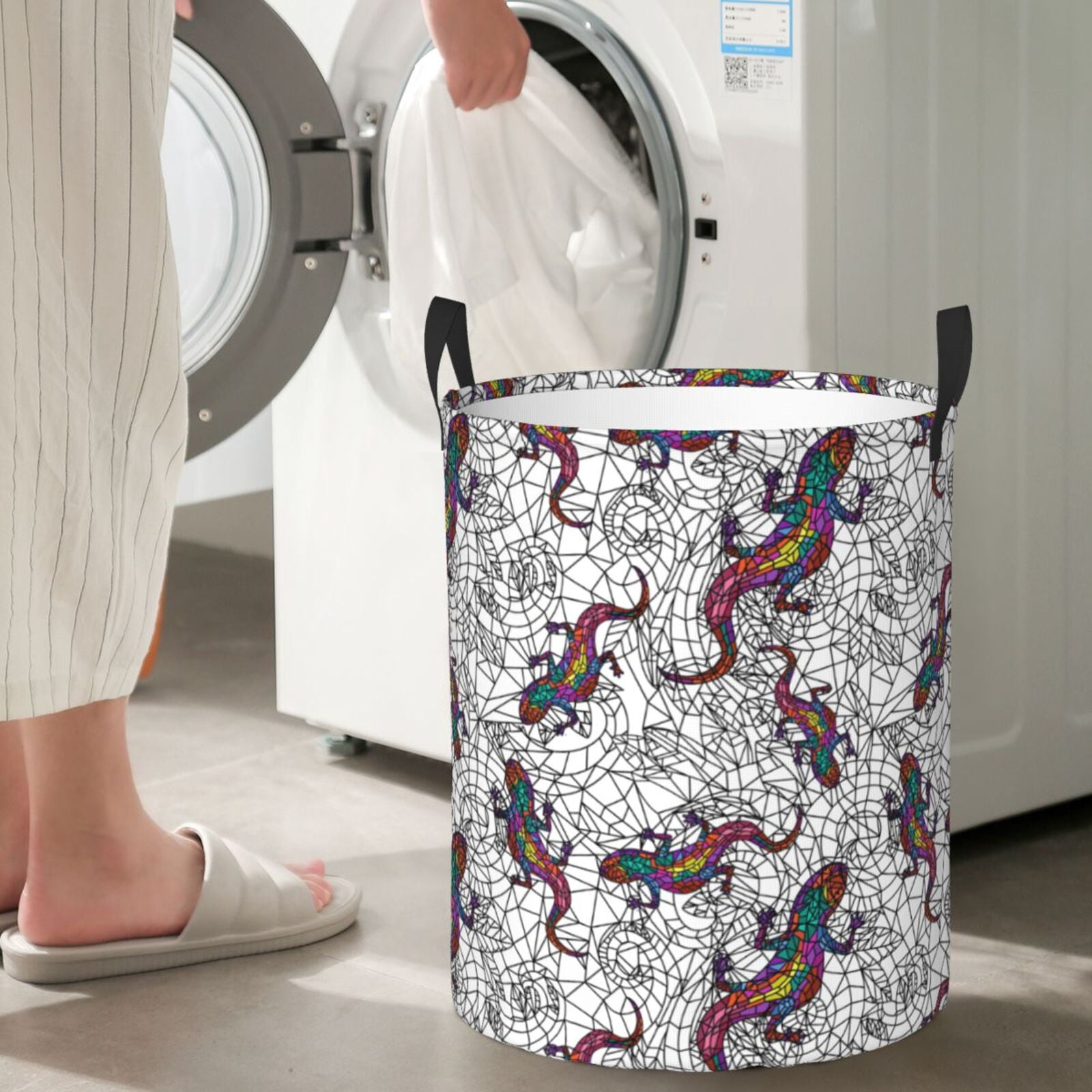 Large Laundry Basket with Handles - Colorful Lines Lizard Gecko Kids Baby Dirty Clothes Laundry Hamper for Bedroom Aesthetic