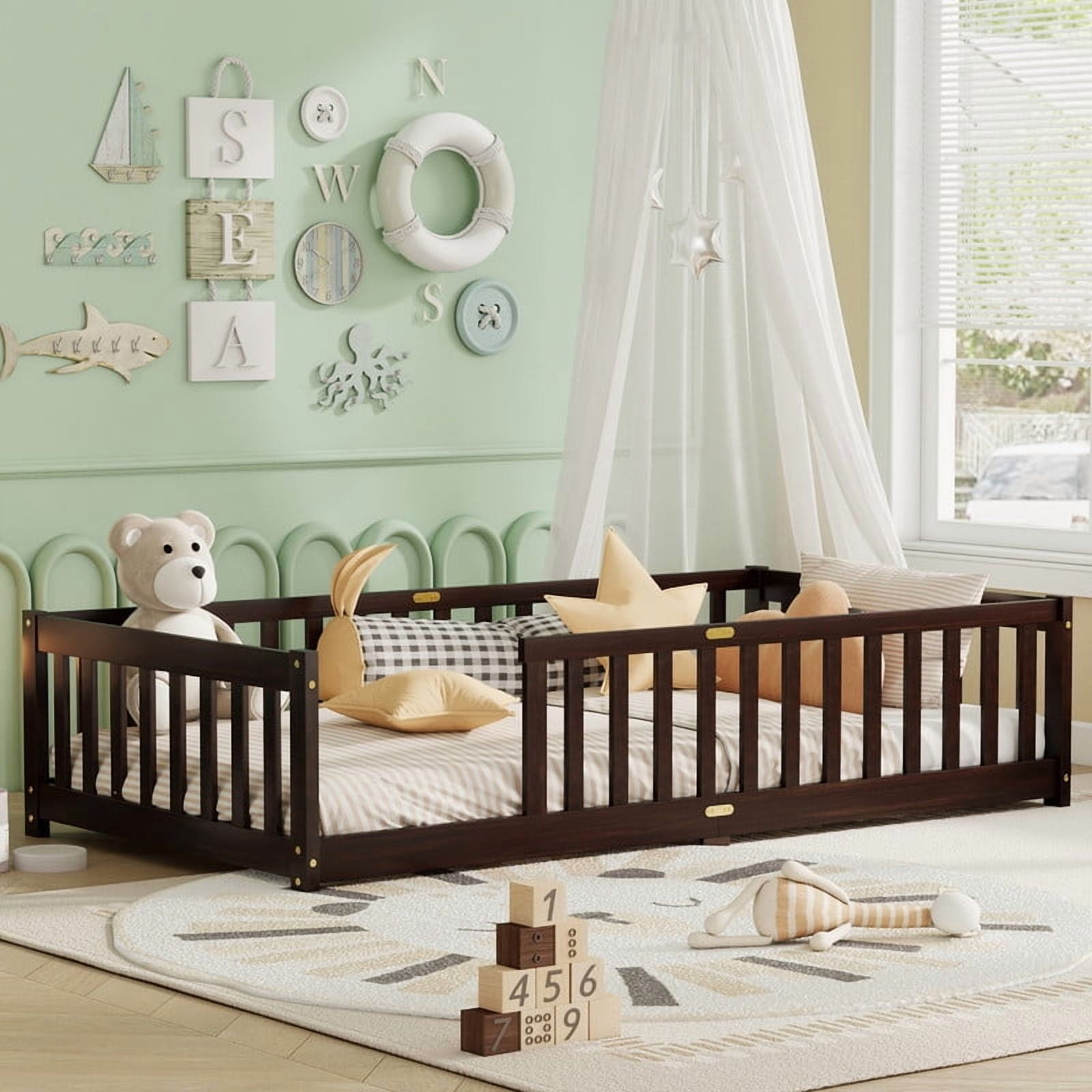 Mirightone Twin Size Floor Bed, Wood Montessori Floor Beds with Fence Railings and Slats Support, Twin Playhouse Bed Frame, No Box Spring Needed, (Espresso)