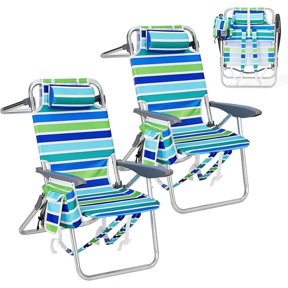 Tall Beach Chair 2 Pack Lightweight, Backpack Beach Chair for Adults with 5-Position, Cooler Bag, Cup Holders, Towel Bar, Lightweight Folding Beach Camping Chairs