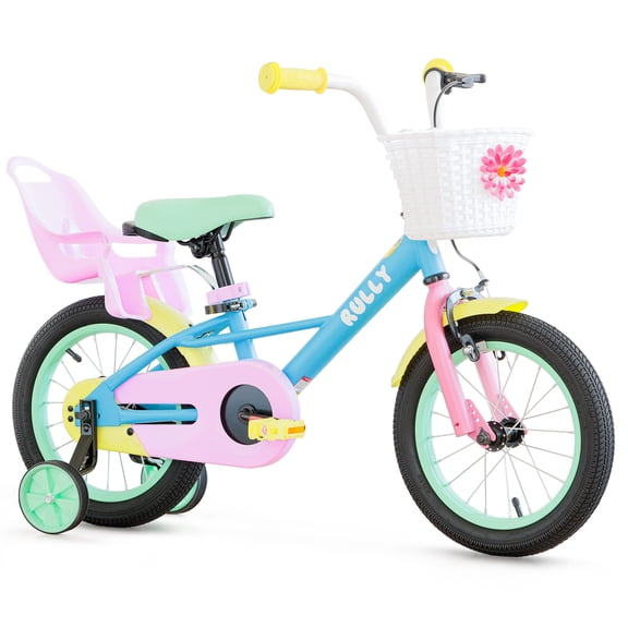 RULLY 14 inch Girls Bike for Ages 3-5, Kids Bicycle with Training Wheels, Doll Seat & Coaster Brake, Rainbow Macaron Bike