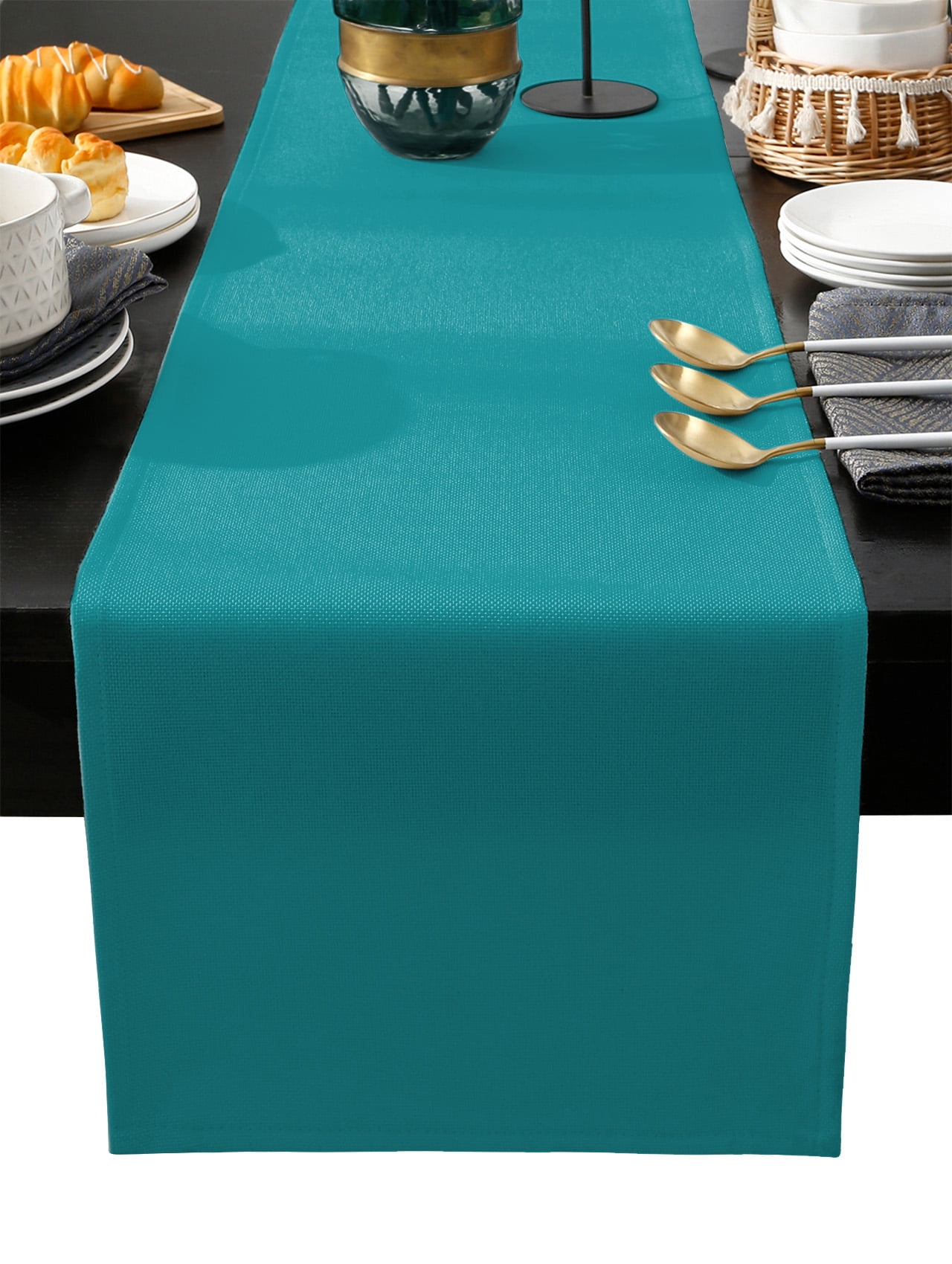 Teal Cotton Linen Table Runner 13 x 90 inch Turquoise Pure Teal Non-slip Rectangular Dining Table Decor for Wedding Party Holiday Dinner