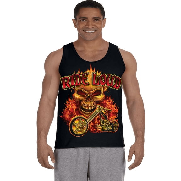 Ride Loud Flames Biker Skull Tank Top Mens T-shirt Clothing Apparel Muscle Tee