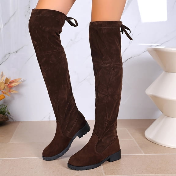 Viluyesy Womens Over The Knee Boots Round Toe Low Block Lug Heel Faux Suede Drawstring Tie Slim Stretch Street Daily Boots Brown Size 8