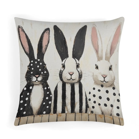 Pillow Case Three Bunnies in Black And White Stripes Farmhouse Pillow Covers Outdoor Throw Pillow Covers Cushion Cases Decorative 16"x16" for Home Bed Sofa Rabbit Decorative Pillows for Couch