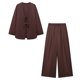 thumbnail image 3 of HH TRAF Conjunto de 2 piezas para mujer, chaqueta tipo kimono de algodón y lino con cuello en V, manga larga, cordones y pantalones anchos de lino con cintura elástica, 3 of 5
