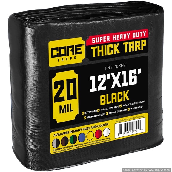 Core Tarps 20 Mil Heavy Duty Tarp Camping Tarpaulin Waterproof Cover, Black 12' x 16'