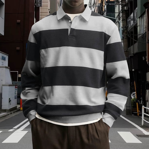 Ceisia Men's Contrast Wide-Stripe Polo Shirt | Stretchy Relaxed Long-Sleeve Casual Top Gift