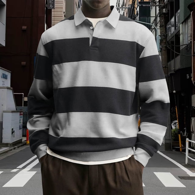 Ceisia Men's Contrast Wide-Stripe Polo Shirt | Stretchy Relaxed Long-Sleeve Casual Top Gift