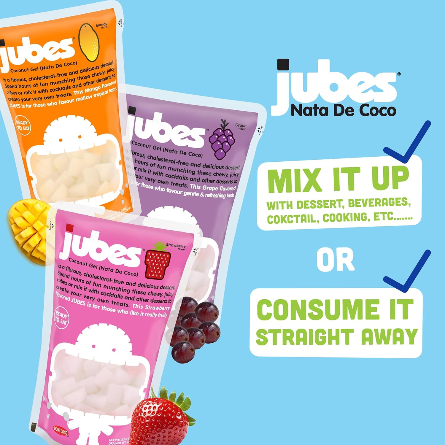 Jubes Strawberry & Mango Nata De Coco Jelly Cubes (12.7 oz, 3 of Each Flavor) - Strawberry & Mango Coconut Jelly Cubes for Sago - Coconut Gel in Syrup Toppings for Fruit Tea, Boba, & all Beverages