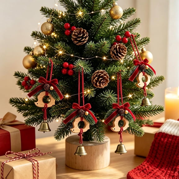 Festive Christmas Tree Ornaments Wooden Pendants With Bells Red Bow Pine Foliage Hanging Decor, Xmas Door Wall Car Charm, Holiday Party Scene Setting