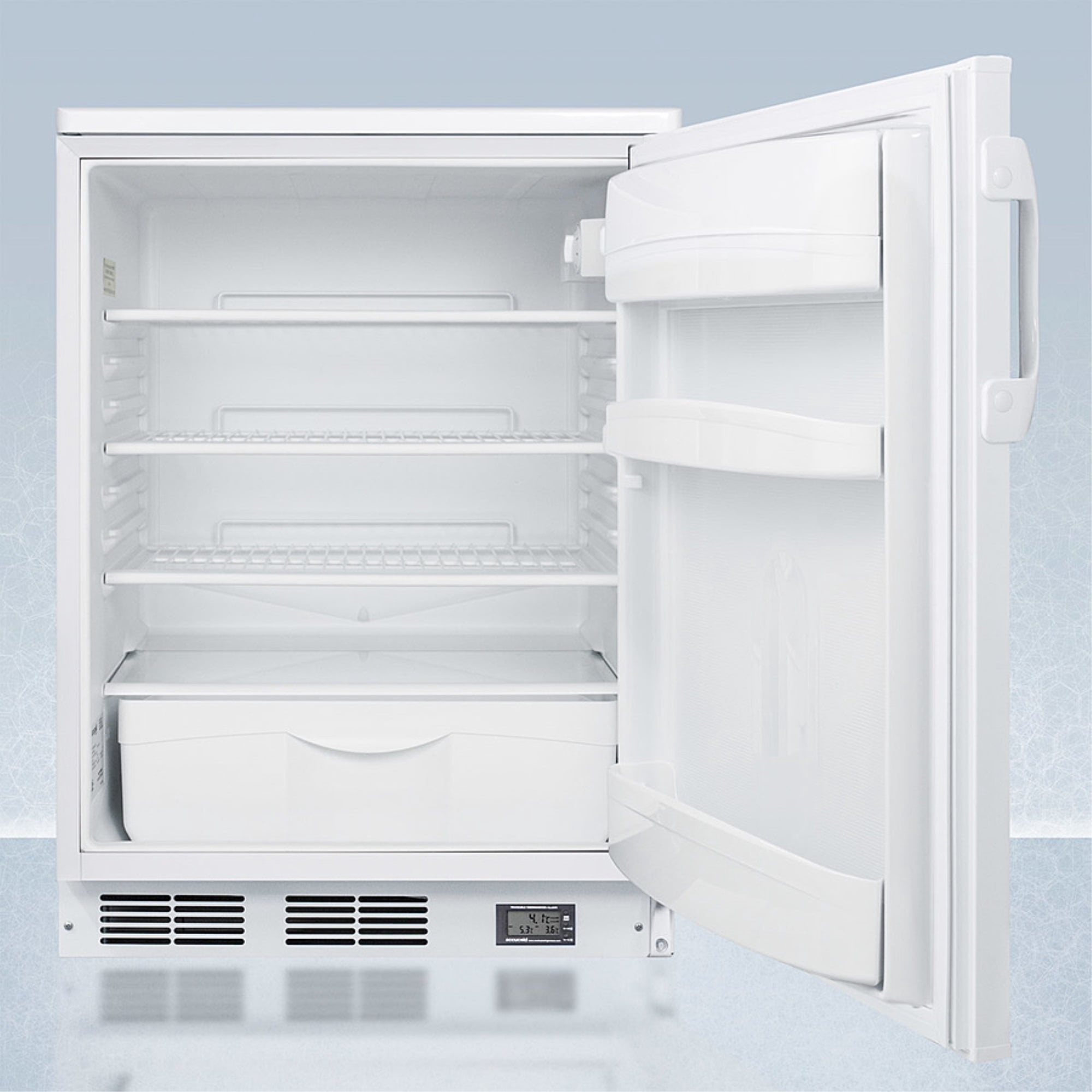 Commercially approved Nutrition Center series all-refrigerator in white for freestanding use, with front lock and digital temperature display