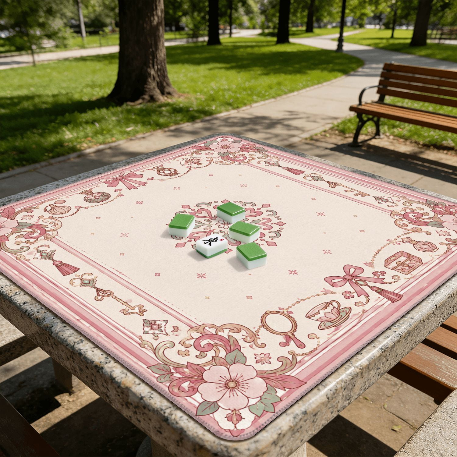 Mahjong Mat 31.5" x 31.5" Pink Cherry Blossom Floral Decorative Borders Bows Non-Slip Noise Reduction American Mahjong Tiles Table Cover for Dominoes Poker Card Board Games Gift
