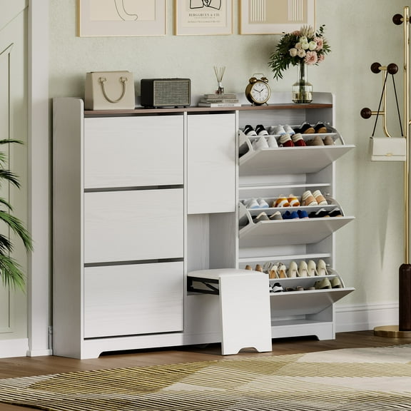 LIKIMIO 36 Pairs Shoe Cabinet with Flip Drawers, Modern Shoe Organizer with Hidden Stool & Adjustable Shelves for Entryway