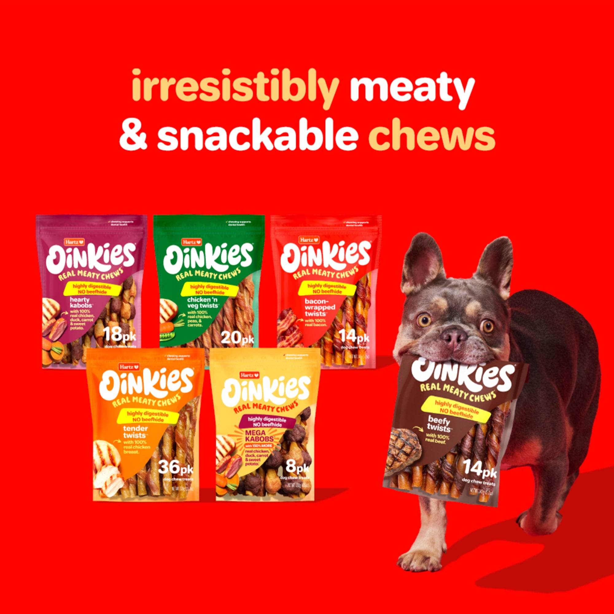 (2 pack) Hartz Oinkies Hearty Kabobs Rawhide‑Free Dog Treats with Chicken, Duck, Sweet Potato, and Carrot, Highly Digestible Dog Chews, 18 Count