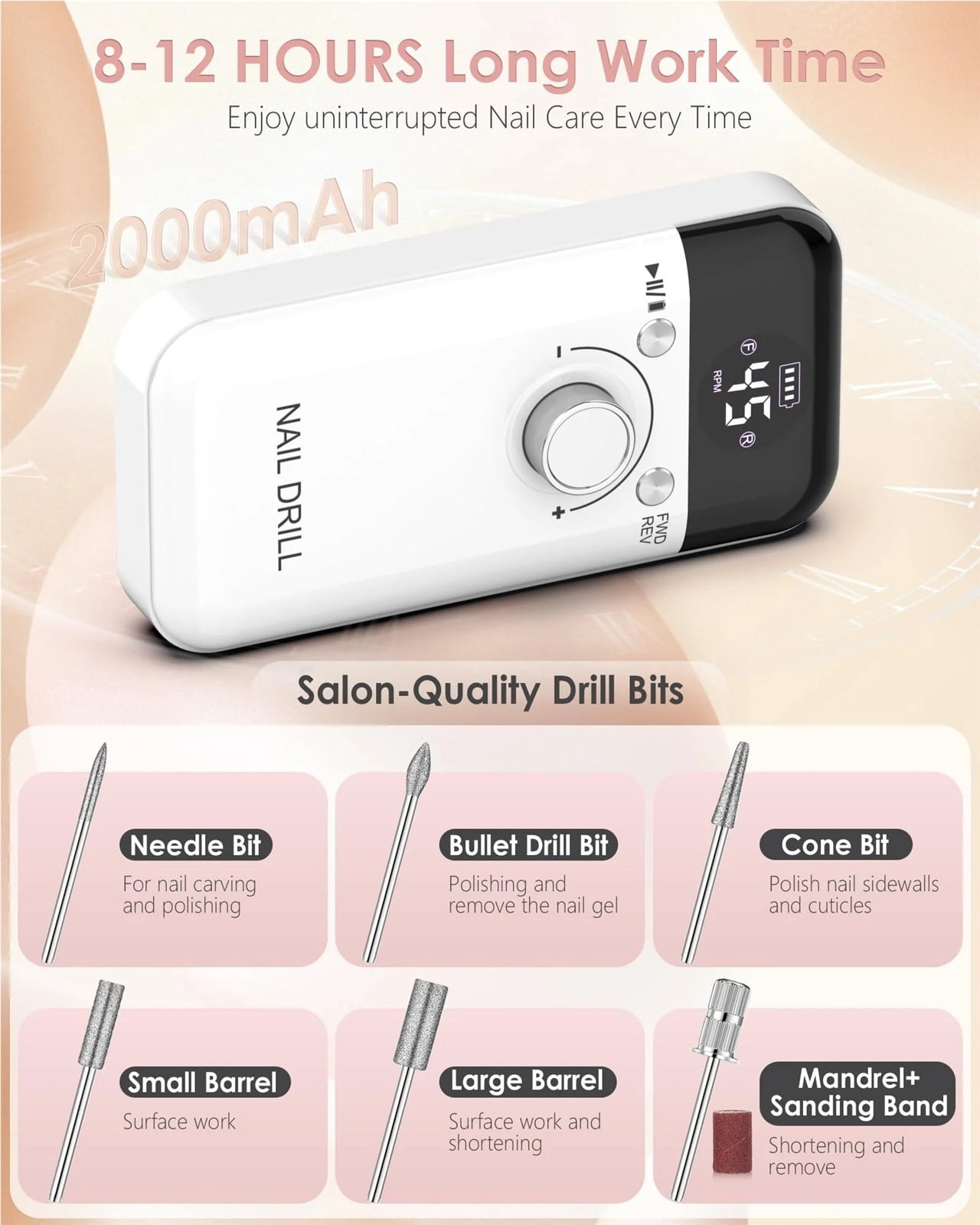 Electric Nail Drill Professional: 45000 RPM Portable Rechargeable Nail Drills Machine with 6 Bits, Drill para Uñas E File