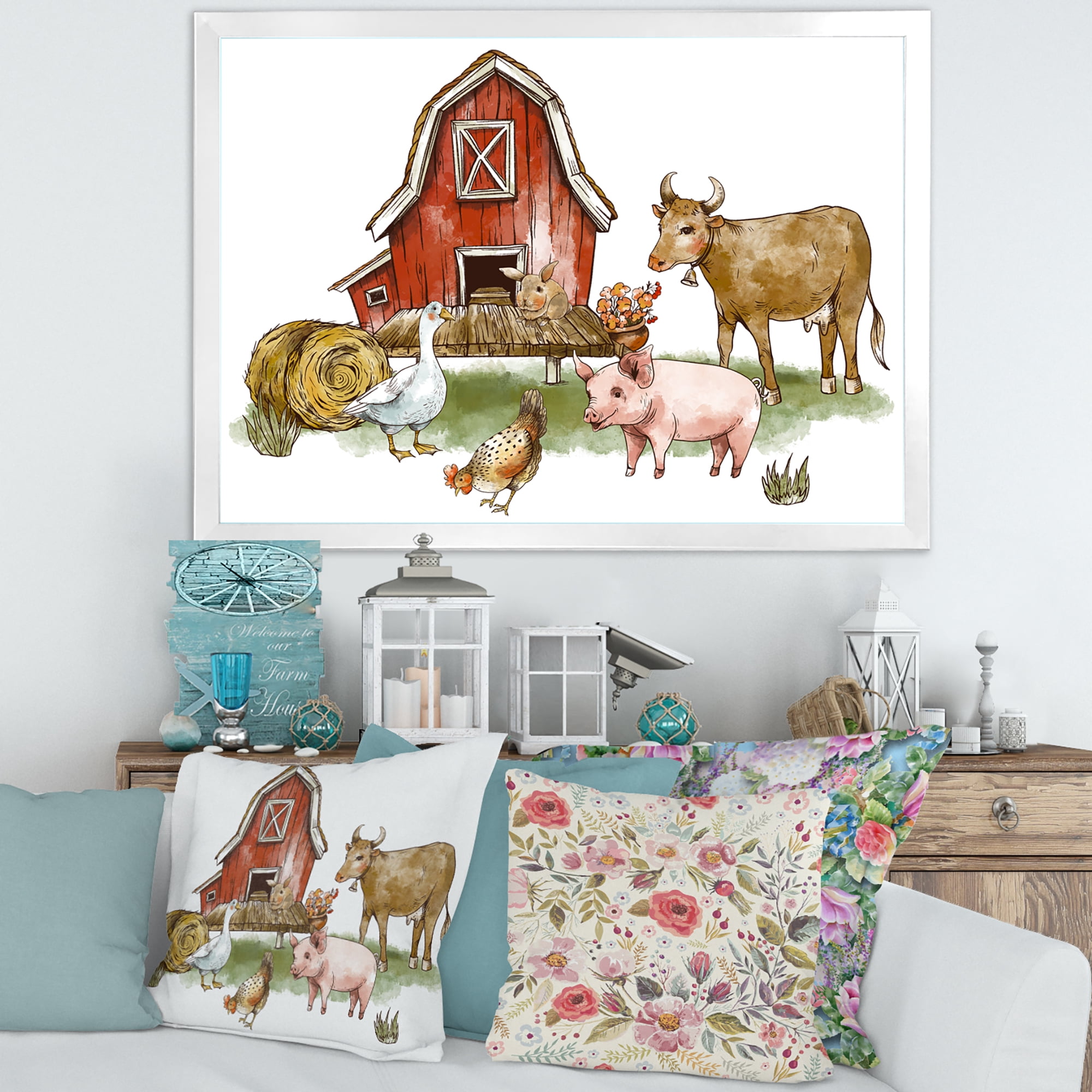 Designart 'Farm House With Goose Cow Pig Chicken and Haystack' Rustic Framed Art Print