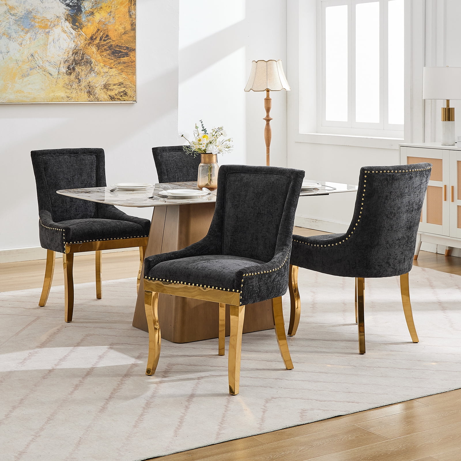Dining Chairs Set of 2, Kitchen & Dining Room Chairs, Chenille Fabric Upholstered Dinning Chairs, Sillas De Comedor, Nailhead Trim, Metal Legs (Black, 2 Pcs)