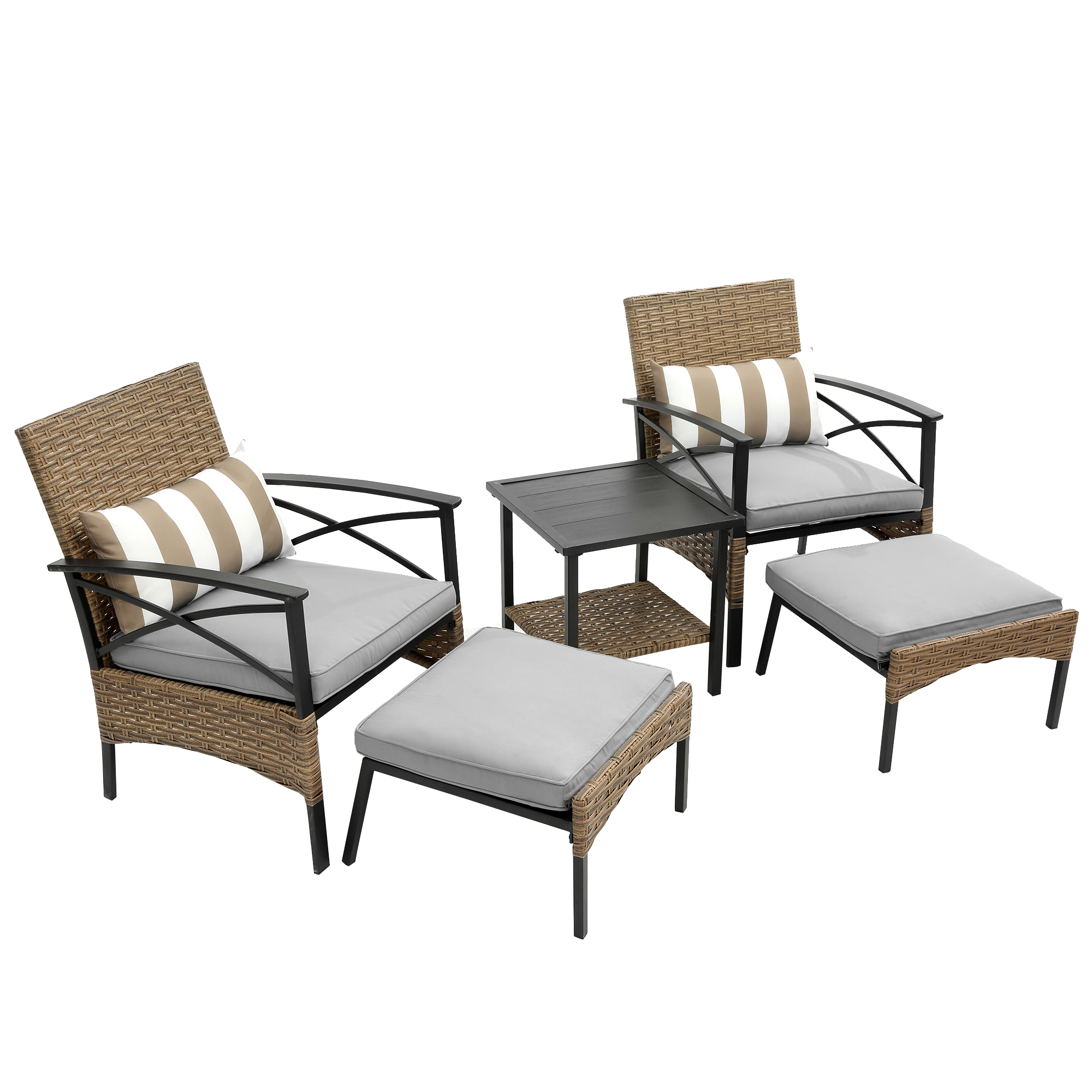 Patio Outdoor Furniture Chair Set, 5 PCS Wicker Sectional Sofa Set, Garden Conversation Set with 2 Cushioned Chairs, 2 Footstools & Tea Table, Lawn Pool Balcony Deck Yard Porch Chat Set - image 3 of 9