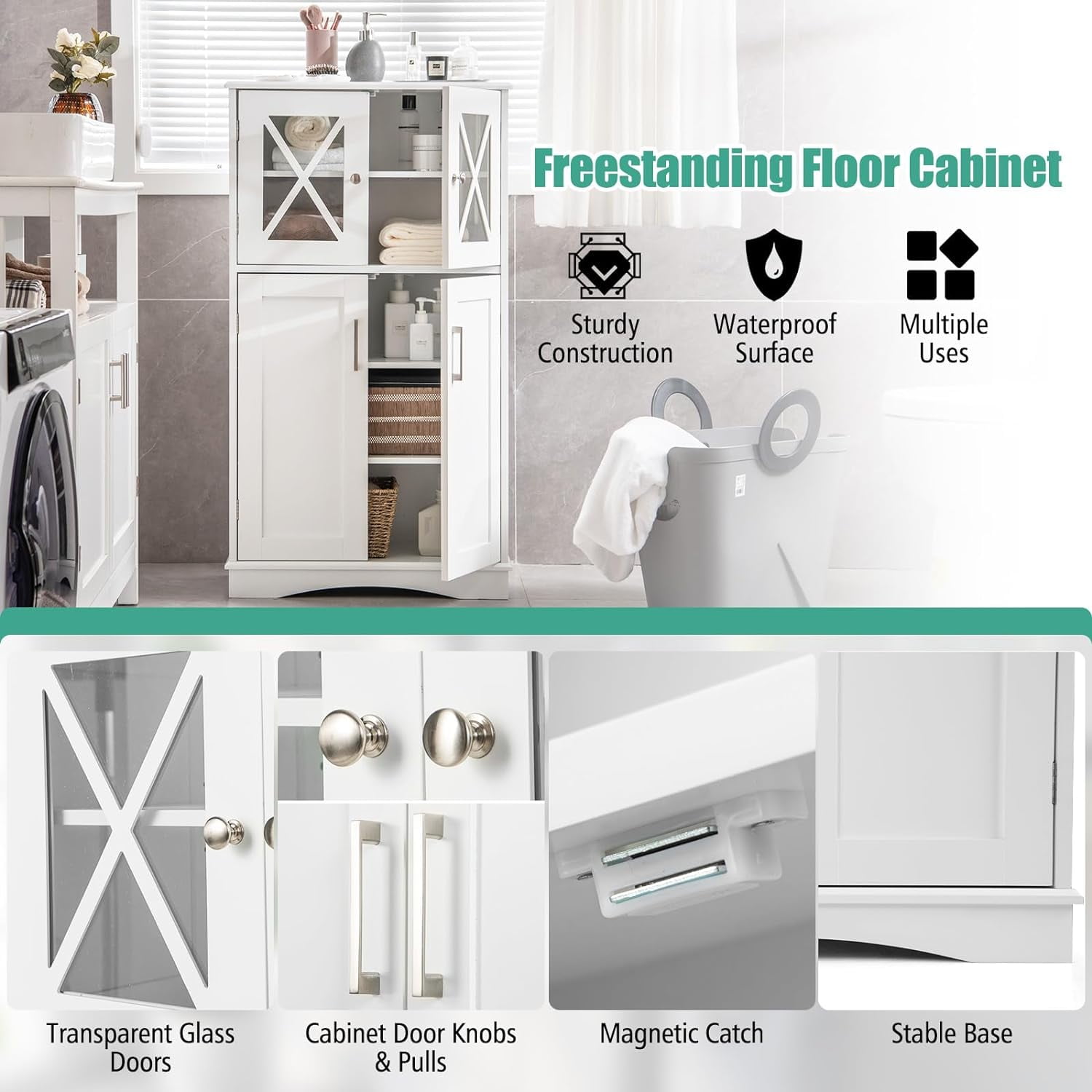 Bathroom Floor Storage Cabinet - Linen Floor Cabinet with Doors and Adjustable Shelves, Freestanding Side Storage Organizer for Bathroom, Living Room, Entryway, Kitchen Storage Unit (White)