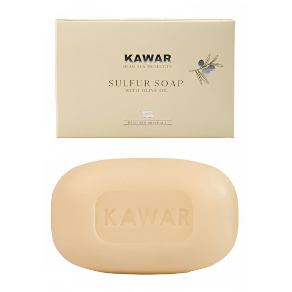KAWAR Jabón de azufre del Mar Muerto con aceite de oliva para aliviar afecciones de la piel como acné, psoriasis, eczema y puntos negros para piel grasa a normal, barra de jabón vegano para hombres y