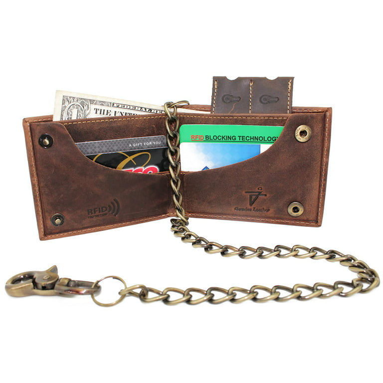 RFID safe Leather Bifold Chain Wallet for Men Snap Closed Crazy Horse – J600