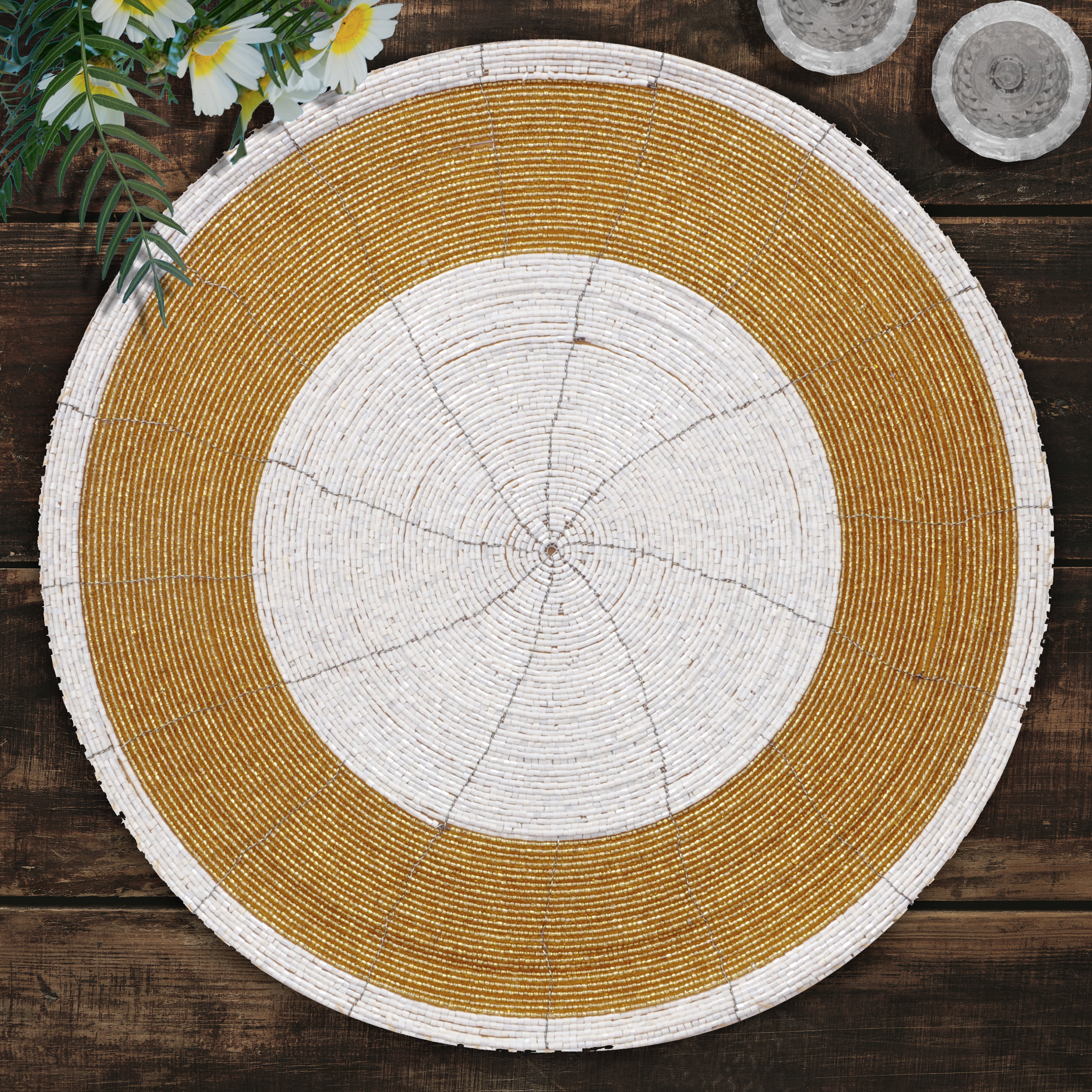 Beaded Placemats Set of 8 for Dining Table, Table Placemats, 14 Inches Round - Gold Ivory