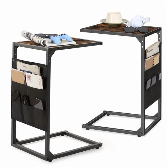 2-Tier C-Shaped Side Table with 7 Storage Pockets Black