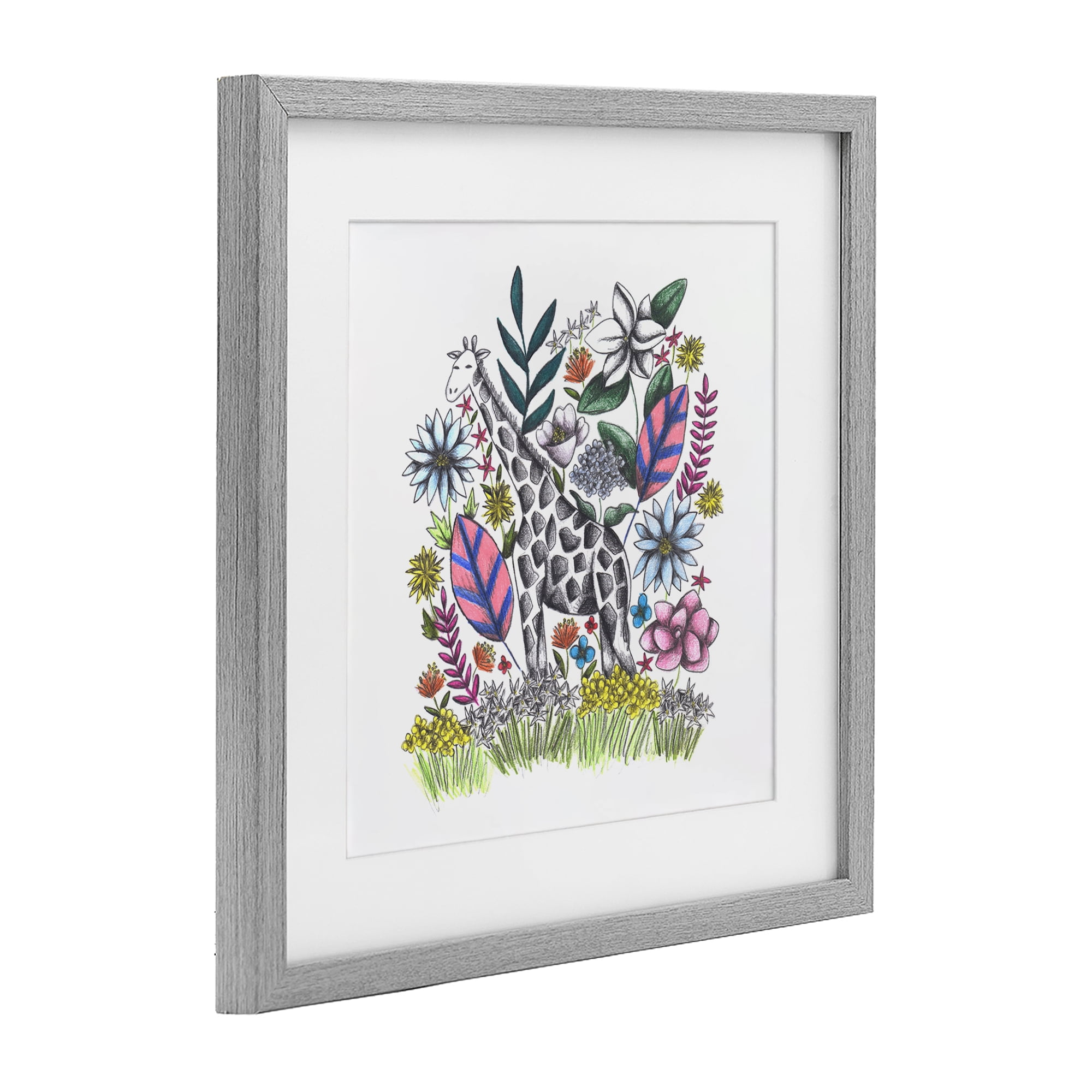 Giraffe in Midst of Flowers Gray Framed Print Under Glass, design by Cecilia Battaini