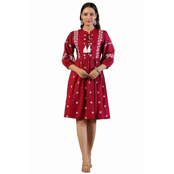 Juniper Rayon Wine Cross Stitched Embroidered Short Dress