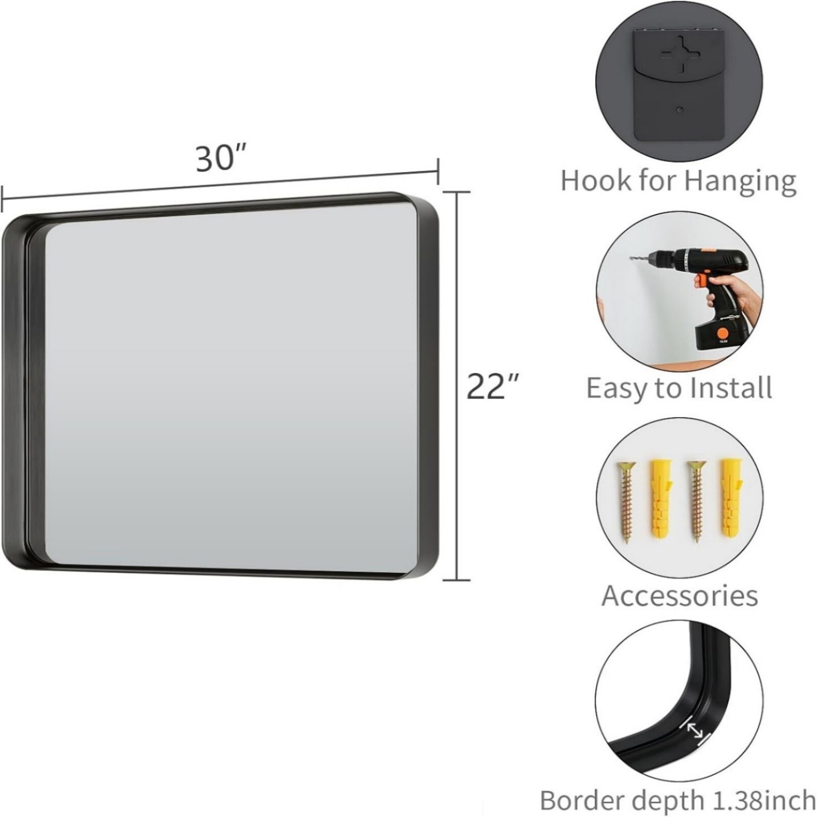 Mirstory 22"x30" Bathroom Mirror Wall Mirror Deep Framed Rounded Corner for Wall,Black