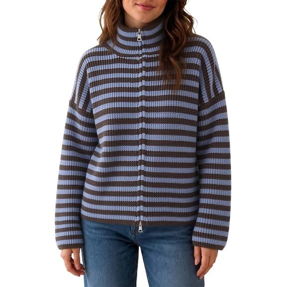 Womens Striped Zip Up Sweaters Mock Neck 2026 Fall Trendy Casual Long Sleeve Loose Fit Knit Cardigan Tops