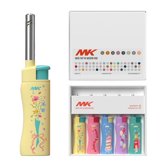 MK Candle Lighter, Butane Refillable Wind-Resistant Flame, 4-Pack for BBQ, Camping, Outdoor Use (Birthday-5PC)