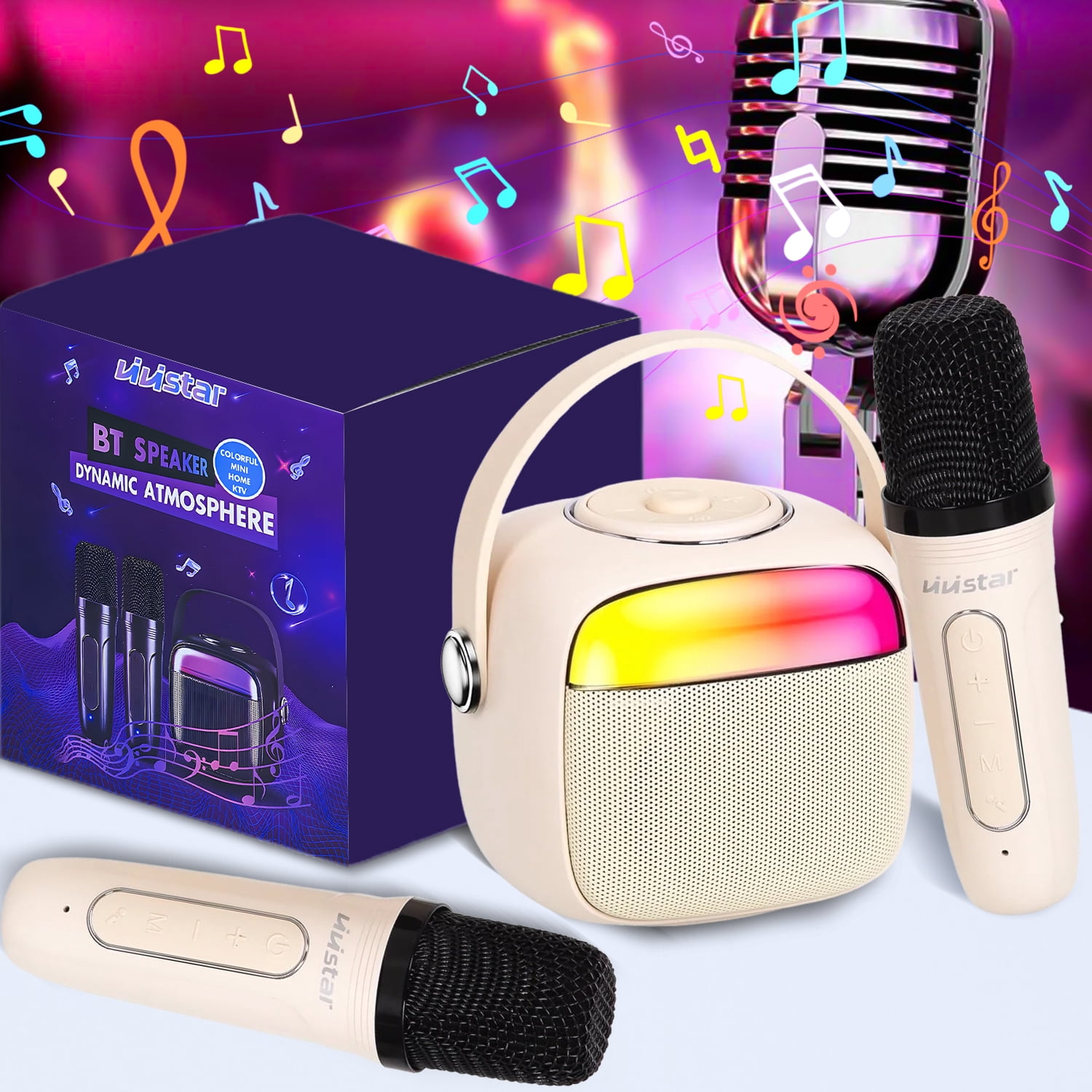 VIVISTAR Karaoke Machine for Kids Portable Bluetooth Speaker with 2 Wireless Microphones Mini Karaoke Speaker with LED Lights Birthday Gifts for Adults Girls Boys Family Home Party Outdoor (White)