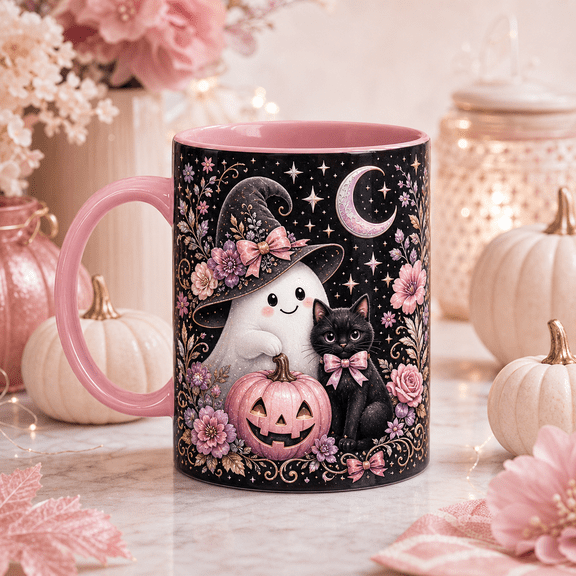 Halloween Mug Pretty Spooky Ghost and Black Cat Coffee Cup for Spooky Season Fans