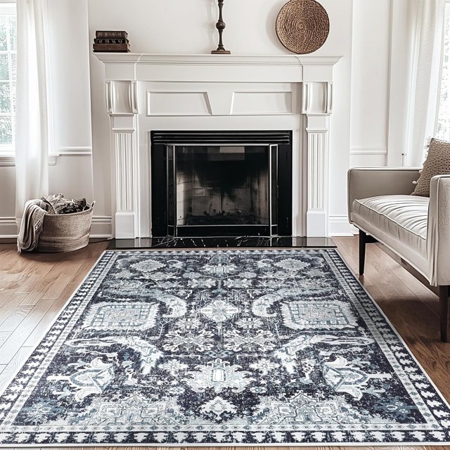 6x9 ft Area Rug, Washable Non-Slip Boho Design for Living Room, Bedroom, Patio & Outdoor Spaces, Black & White, Durable and Stylish Area Rugs