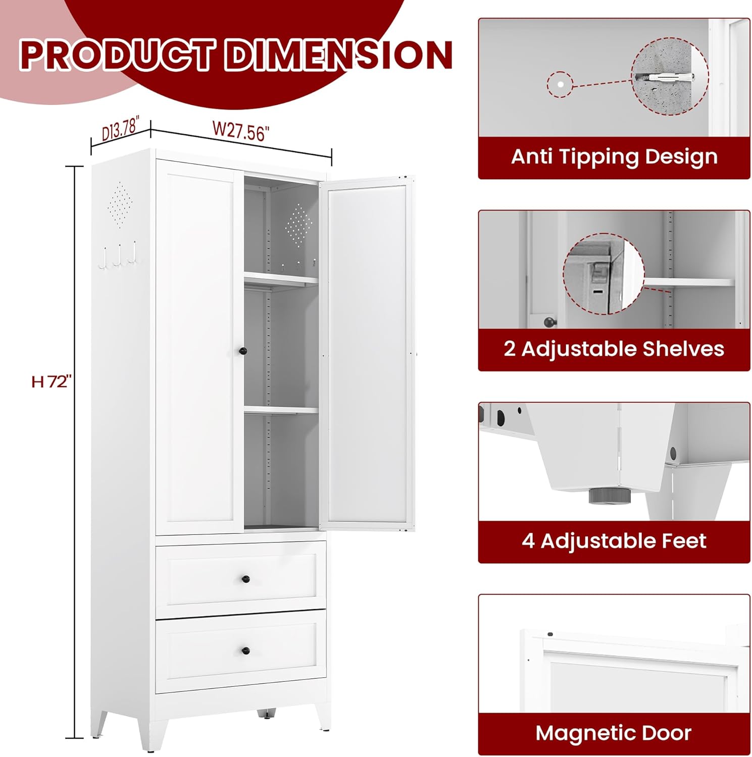 IKIMI 72" White Metal Pantry Cabinet with 2 Drawers and Adjustable Shelves, Tall Kitchen Storage Cabinet, Freestanding Cupboard for Dining Room, Bathroom, Laundry Room