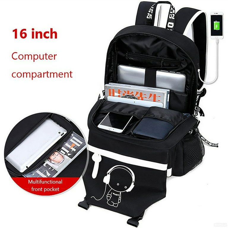 Ficcug Luminous School Bags Backpacks 16 Laptop Backpack with USB Charge Port Shoulder Student Travel Bookbags for Boys Girls Women Men Teens Black