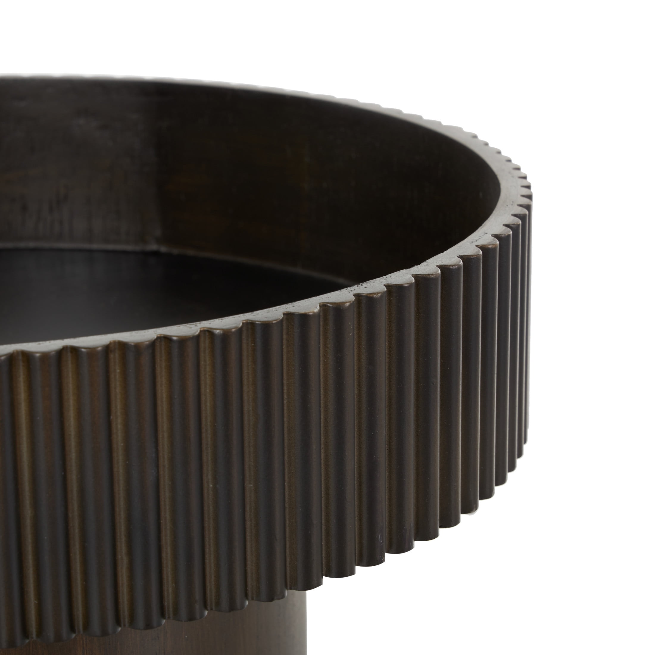 DecMode 14" Round Ribbed Dark Brown Wood Decorative Bowl with Elevated Base