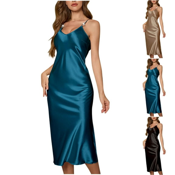 HBGVBA Women's Night Shirts,Cami Sleeveless Nightgown,Solid Casual Soft Satin Backless Cami Ice Silk Midi Nightwear