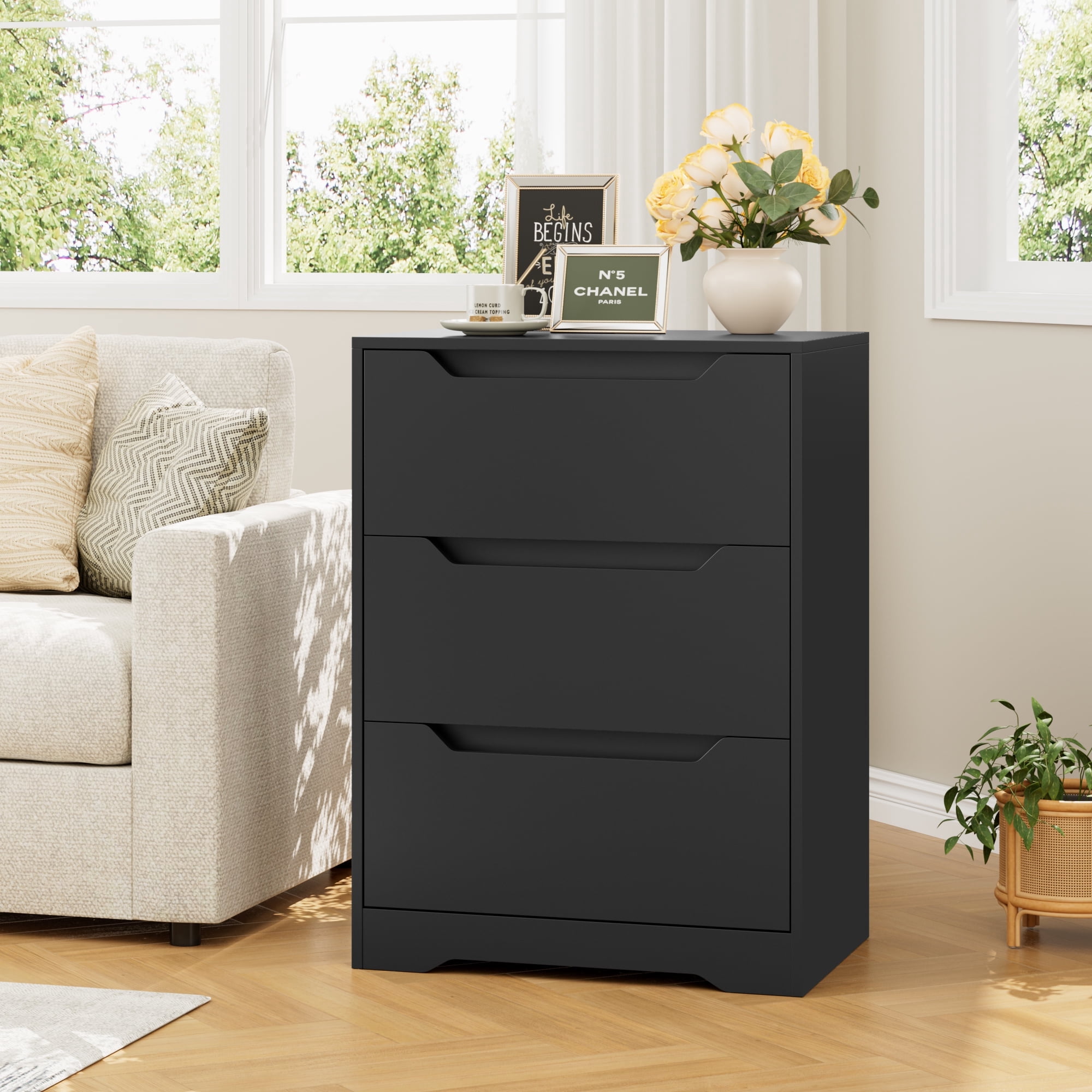 Homfa 3 Drawer Dresser, 23.6”W Nightstand, Wood Chest of Drawer with Cutout Handles for Bedroom Living Room，Black