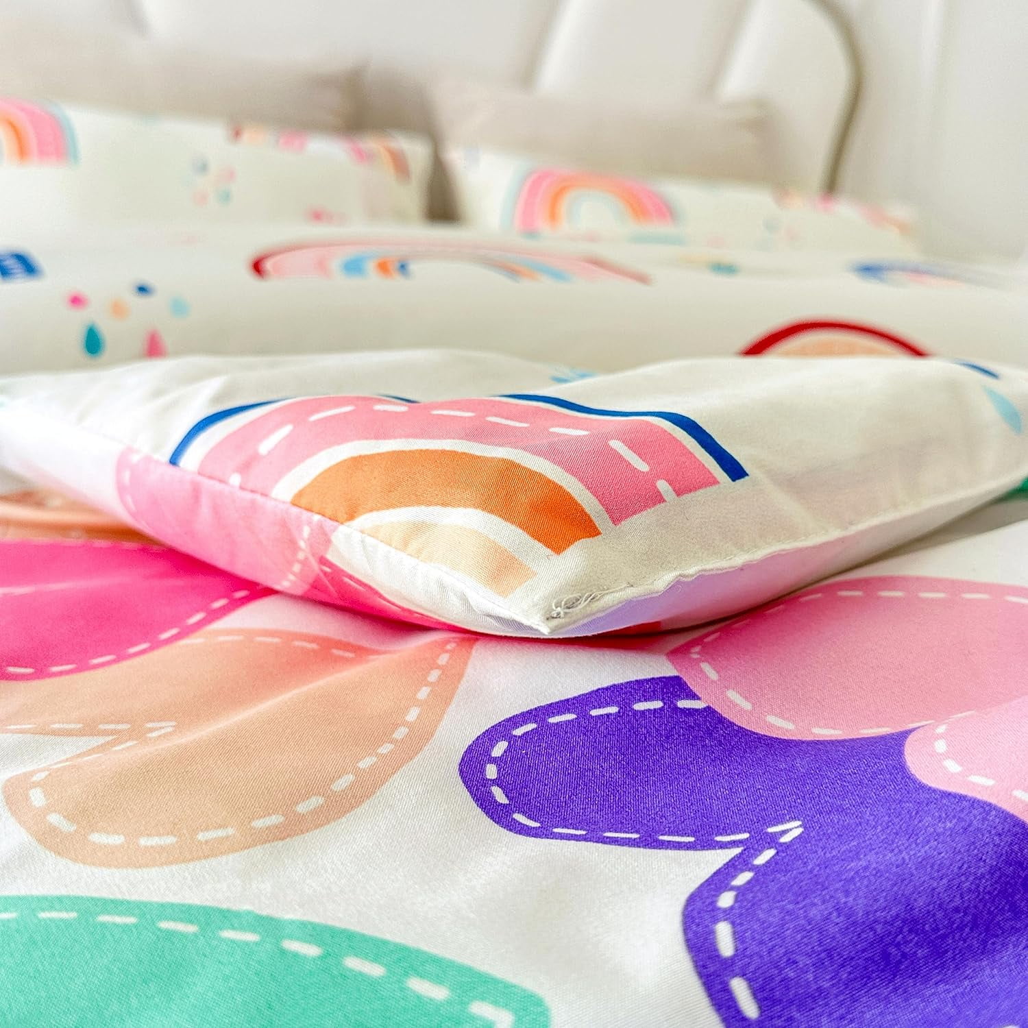 NTBED Rainbow Comforter Set with 2 Pillow Covers Cartoon Love Hearts Flowers and Grass Bedding Set for Girls Boys Kids Full Multi-Color 3 Pcs