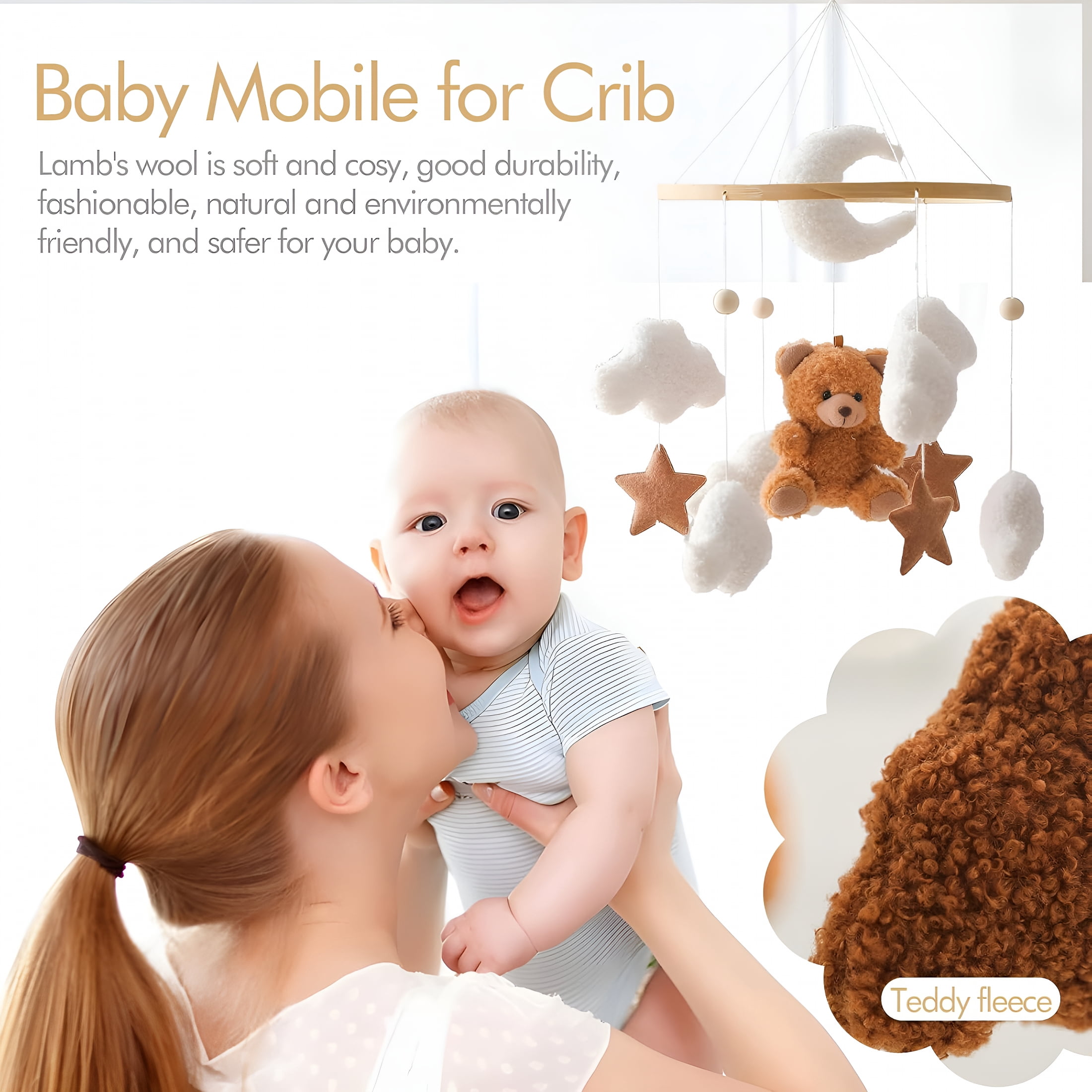 XIBUFE Baby Crib Mobile Brown Bear,Teddy Velvet Nursery Decor for Bassinet