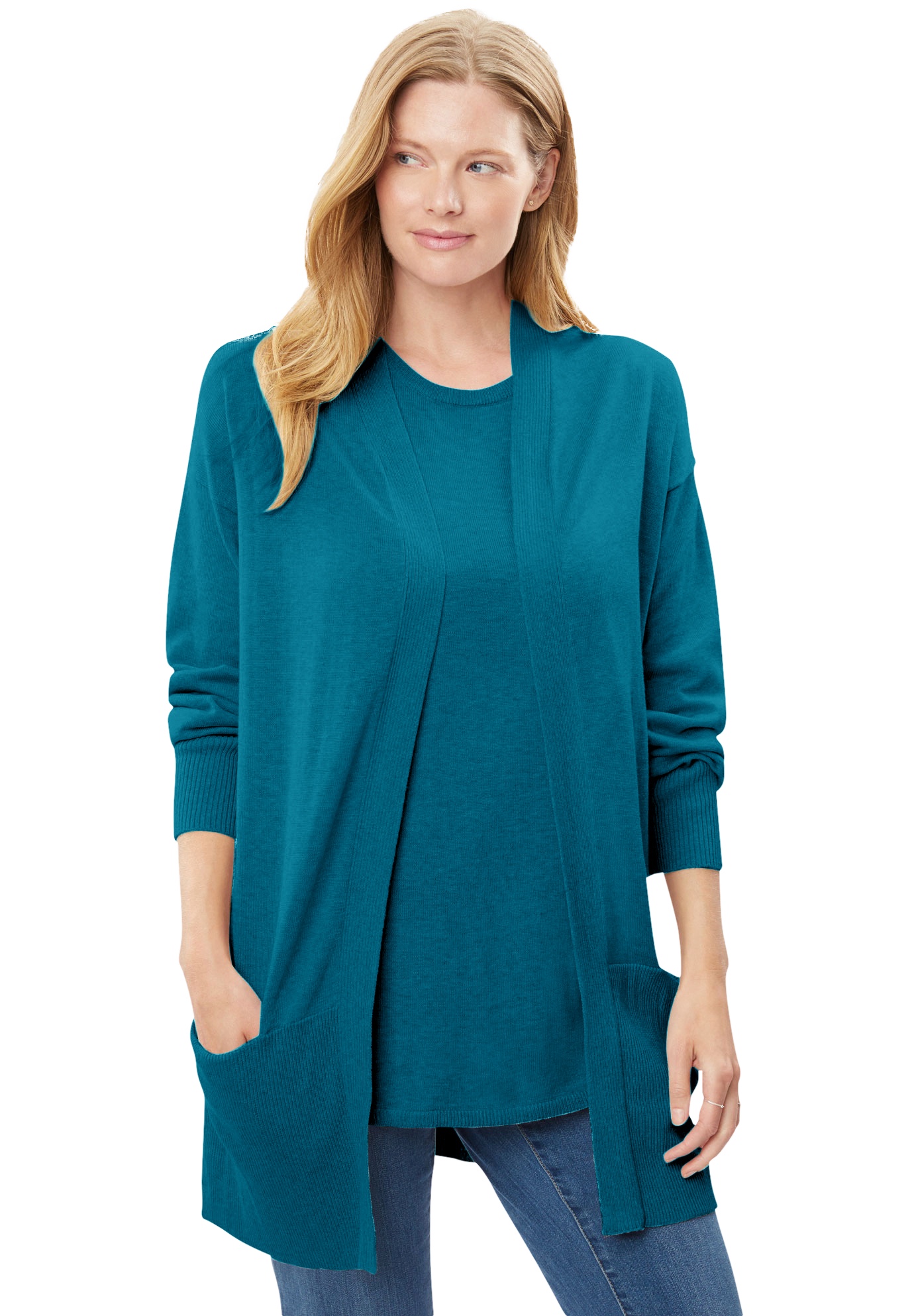 Woman Within Womens Plus Size Perfect Cotton Open Front Cardigan Sweater