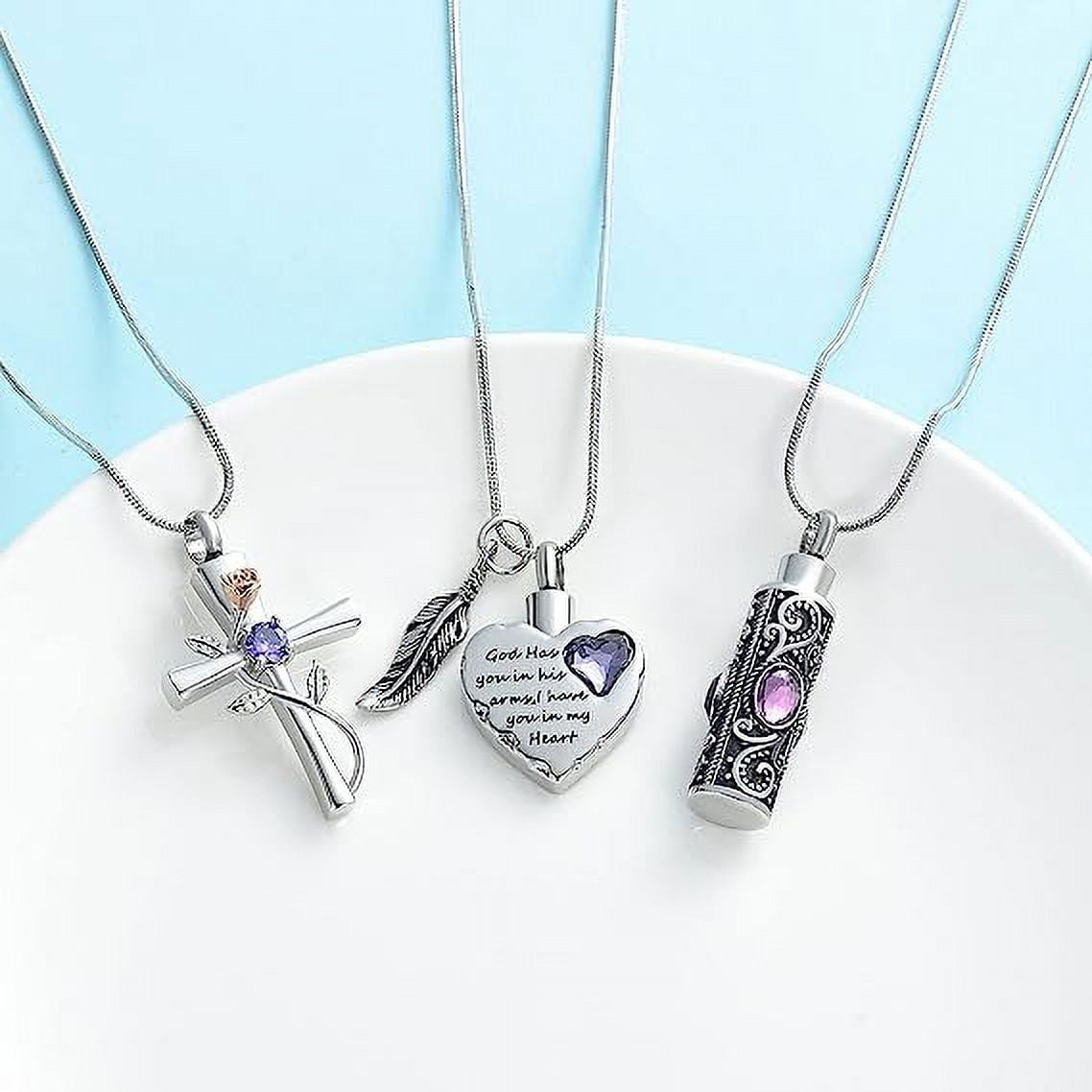 3 Pack Birthstone Cylinder Cross Heart Urn Necklace for Ashes Cremation Jewelry for Ashes for Women Men Loved One Keepsake Memorial Mini Urn Holder