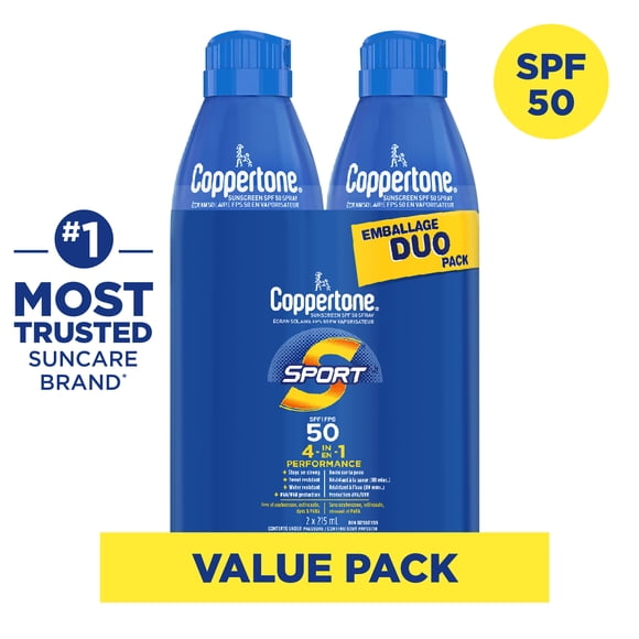 Coppertone Sport Duo de Vaporisateurs Solaires FPS 50, Résistant à la Sueur et à L’Eau, 2 x 215 mL