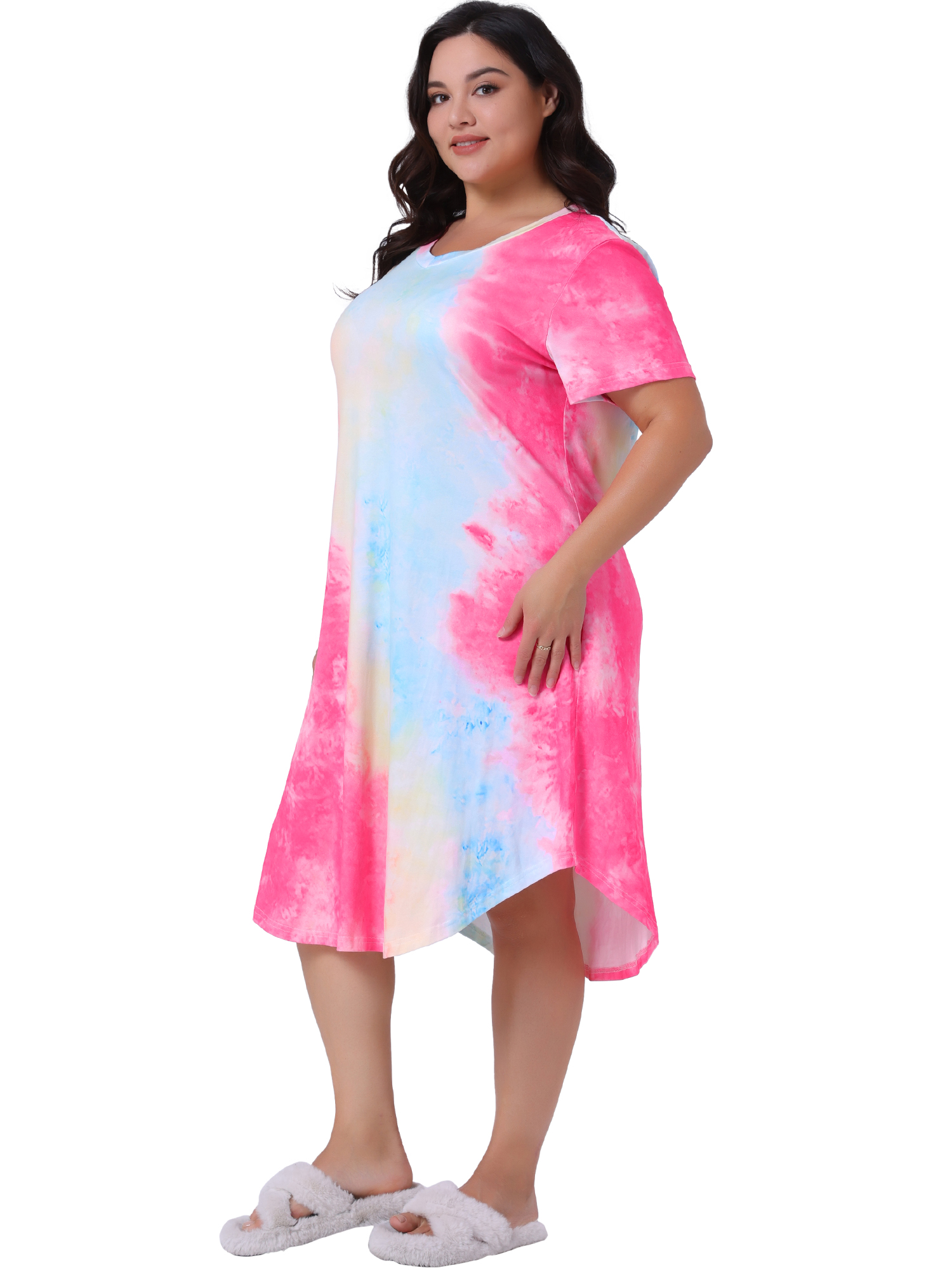 DARING DIVA Women's Plus V Neck Soft Tie Dye Short Sleeve Nightgown 4X Hot Pink