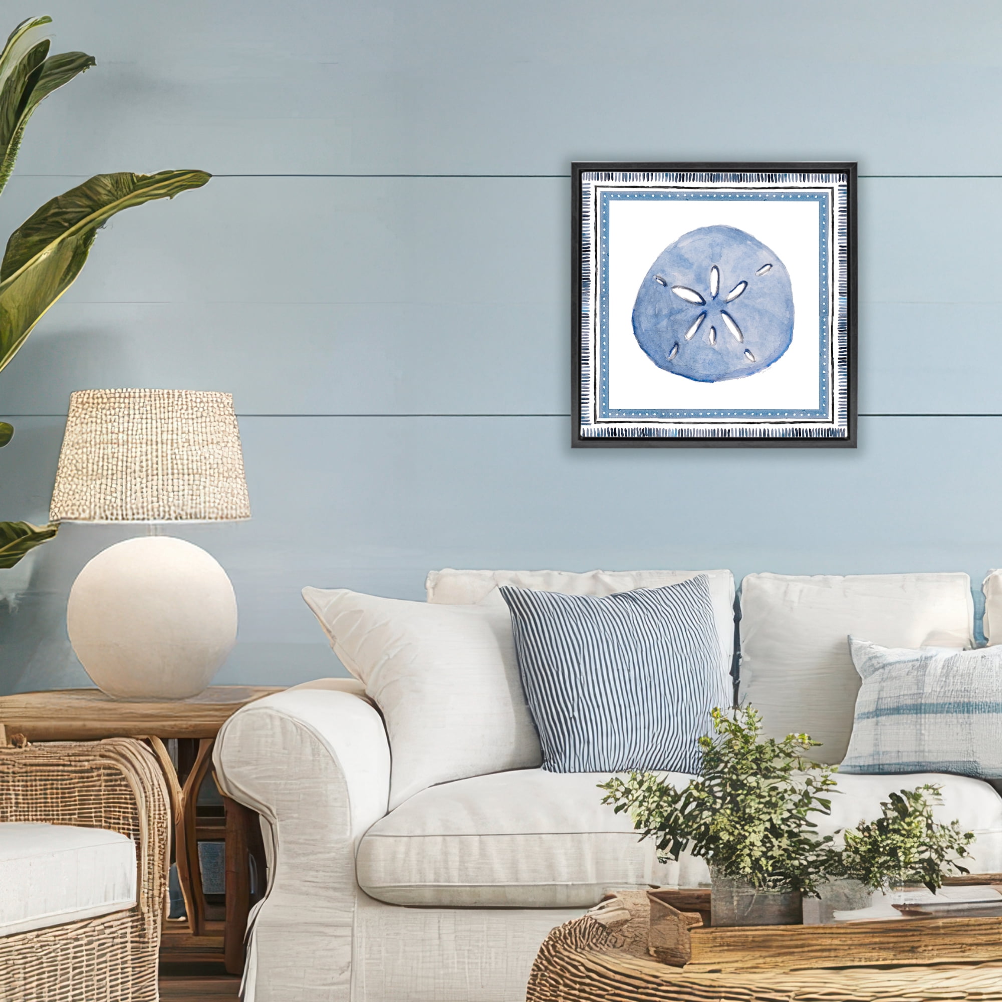 Stupell Industries Blue Bordered Sand Dollar Black Framed Floater Canvas Wall Art, design by Lanie Loreth